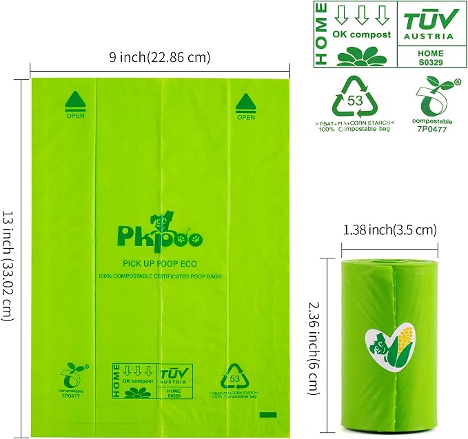 Pkpoo 100% Compostable Dog Poop Bags, Extra Wide, Vegetable-Based Large Poop Bags for Dogs, Biodegradable Waste Bags for Poo, Cat Litter, Diaper Sacks, Unscented, 240 Counts