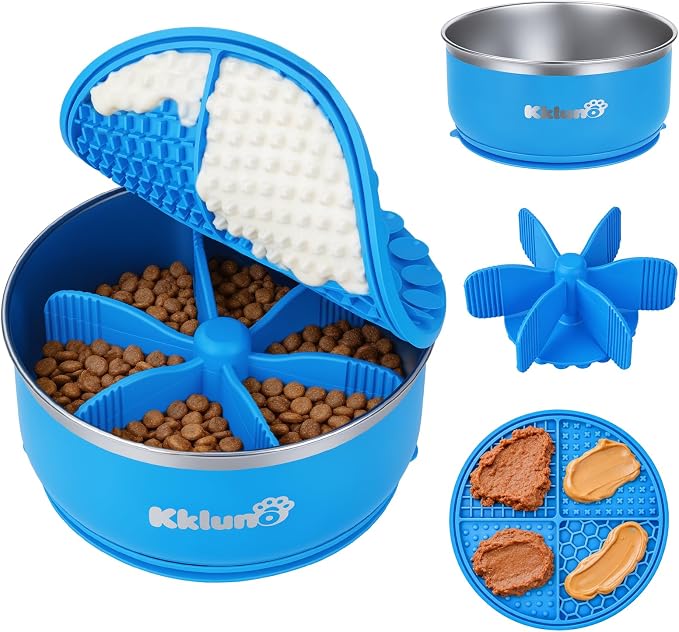 Slow Feeder Insert Bowl - 3 in 1 Stainless Steel Dog Food and Water Bowl 64oz with Lick Mat, Non-Slip Suction Cup Dog Food Bowl Puzzle Maze Slows Down Eating for Dogs Cats