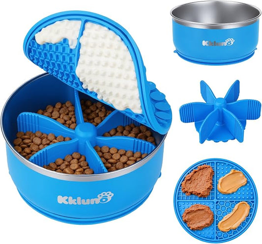 Slow Feeder Insert Bowl - 3 in 1 Stainless Steel Dog Food and Water Bowl 64oz with Lick Mat, Non-Slip Suction Cup Dog Food Bowl Puzzle Maze Slows Down Eating for Dogs Cats