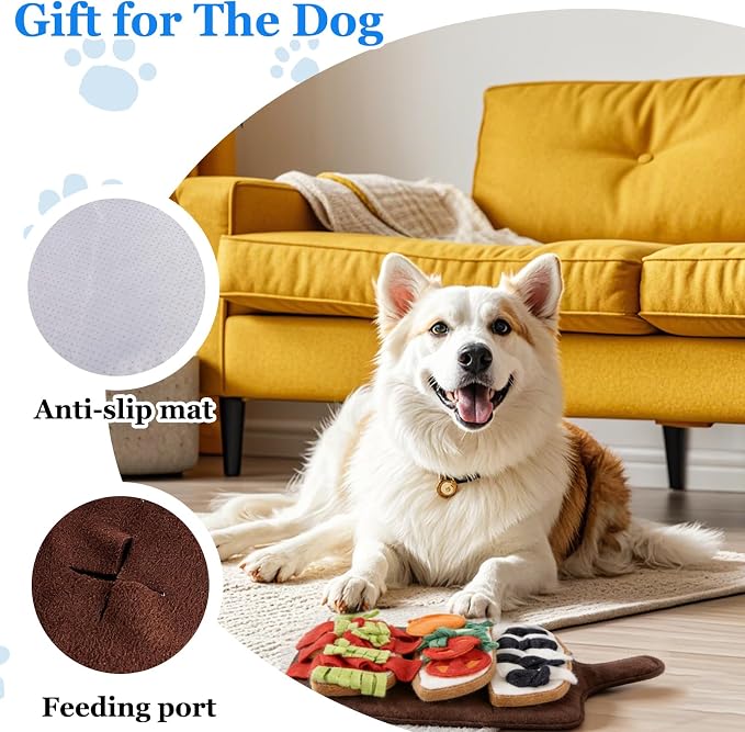 Dog Snuffle Mat for Boredom and Anxiety Relief - Interactive Puzzle Feeding Mat with Squeaky Crinkle Paper, Food-Hiding Design for Mental Stimulation & Energy Burning (Burger Fries Style)