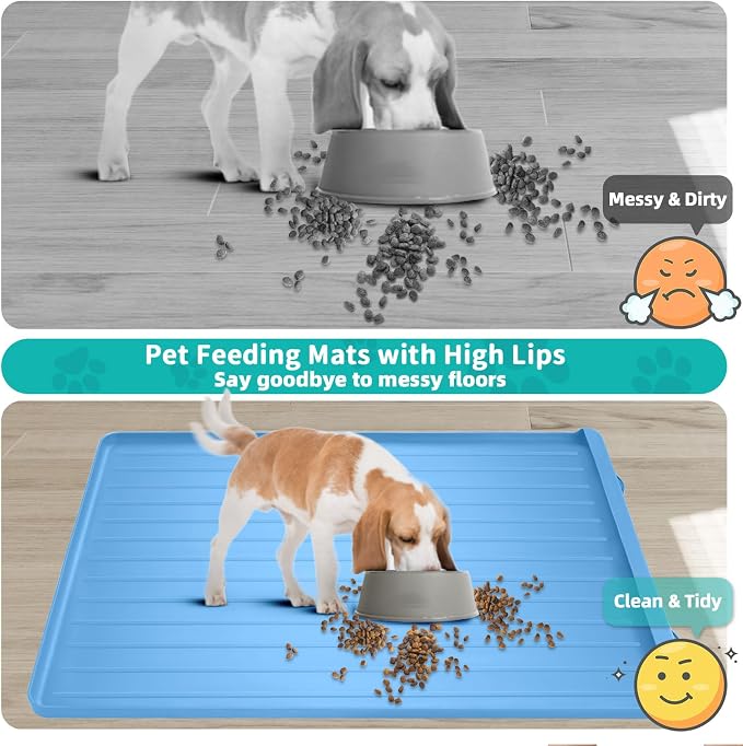 Dog Mat for Food and Water - 39.4" x 27" Large Pet Feeding Mats with Residue Collection Pocket - Waterproof Dog Cat Bowl Mat with High Edges to Prevent Water and Food Spills (Blue, 39.4''x27'')