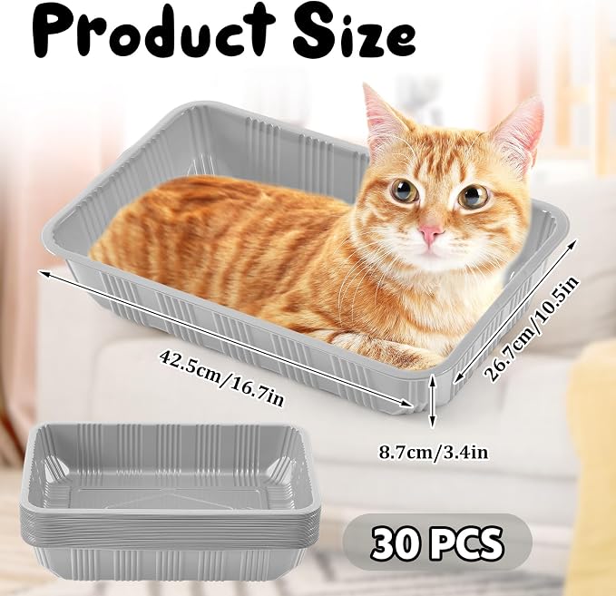 Tessco for you 30 Pack Disposable Cat Litter Boxes, Plastic Leakproof Litter Trays for Cats, Disposable Travel or Temporary Litters Pan for Kittens and Small Pets, 16.7 x 10.5 x 3.4 Inch(Gray)