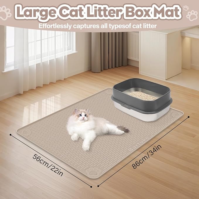 Cat Litter Mat, Extra Large 34" x 22" Silicone Mat Litter Trapping Mat for Scatter Control, Soft on Kitty Paws, Easy to Clean (Beige)