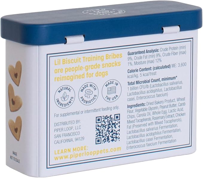 Piper Loop | Lil Biscuit Training Bribes | Pocket-Size Refillable Tin | Chewy | ~20 Treats | Peanut Butter & Carob with Probiotics | 2 oz