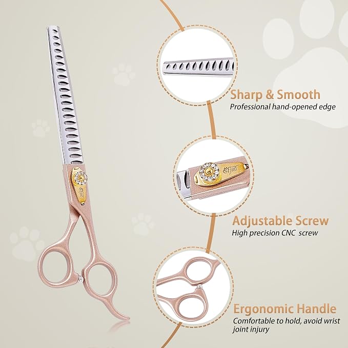 Professional Dog Grooming Scissors Rose Gold 440C Stainless Steel Straight Thinning Curved Chunker Shears for Pet Grooming Services Dogs and Cats (Chunker, 7.5‘’)