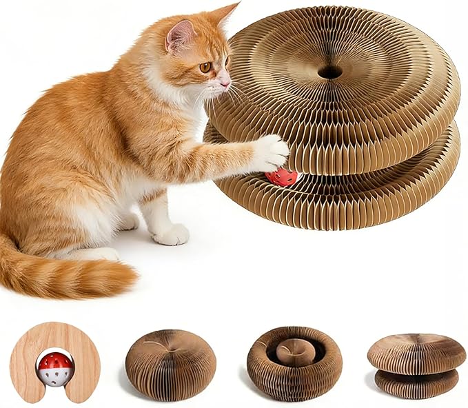 Simple Deluxe Interactive Scratch Toys with a Ball, Foldable Recyclable Magic Organ Cat Scratching Board, Cat Scratcher for Exercise & Anxiety Relief, Brown