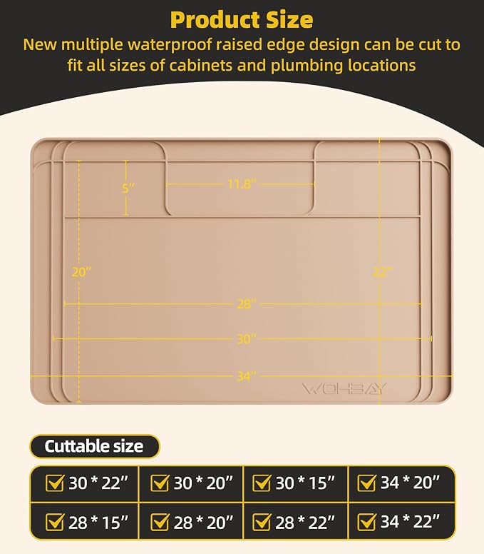 Wohbay Under Sink Mats for Kitchen Waterproof, Cut to Fit Under Sink Drip Tray for Kitchen Bathroom Cabinets, Silicone Under-Cabinet Hold Up to 3.3 Gallons Liquid, 34" X 22" Or Smaller -Khaki