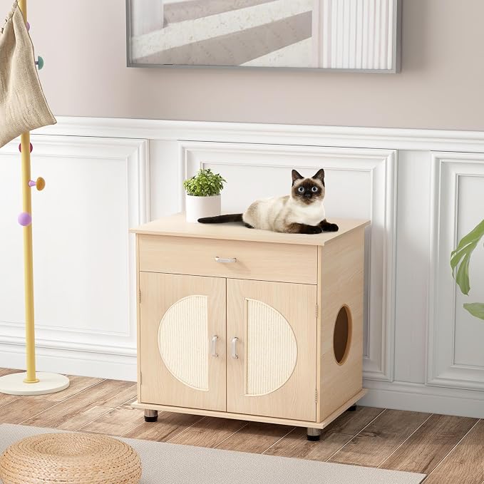 PETSITE Cat Litter Box Enclosure, Hidden Litter Box Furniture with Drawer and Adjustable Metal Feet, Wooden Pet House Side End Table, Indoor Litter Box Cabinet with Sisal Scratching Board Doors