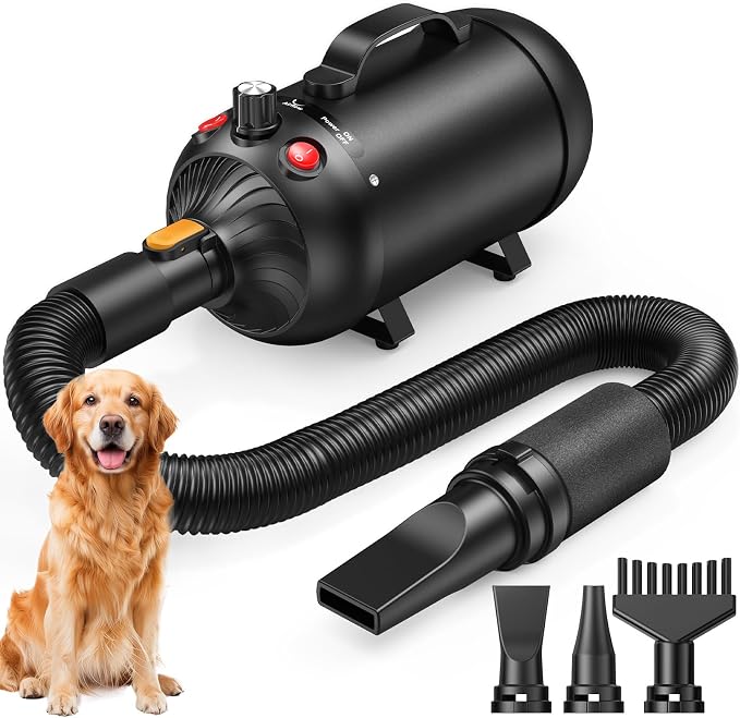 Dog Dryer, 2800W Dog Hair Dryer with Adjustable Speed and Heater, Professional Dog Blow Dryer with 4 Nozzles