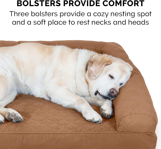 Furhaven Memory Foam Dog Bed for Large Dogs w/ Removable Bolsters & Washable Cover, For Dogs Up to 125 lbs - Quilted Sofa - Toasted Brown, Jumbo Plus/XXL