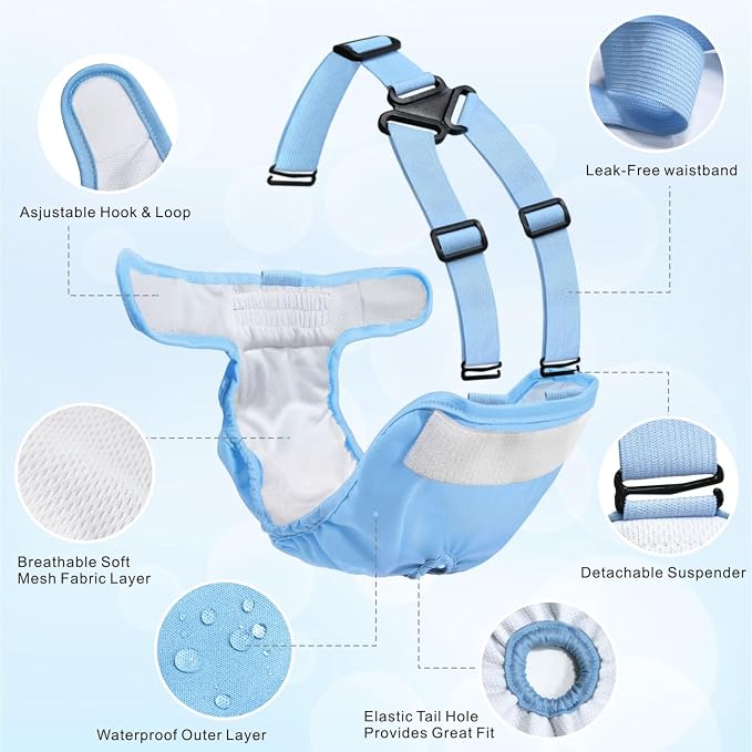 Idepet Female Dog Diapers with Suspender Detachable, 3 Pack Washable Reusable Girl Doggie Diapers for Small Medium Female Dog in Heat Period Cycle Urinary Incontinence Training L
