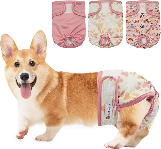 BELLA & PAL Washable Dog Diapers Female, 3 Pack Highly Absorbent Dog Diaper, Leak-Proof Diaper for Dog Female in Heat, Period, Incontinence, Excitement Pee (Pink Delight, L (19-25" Waist))
