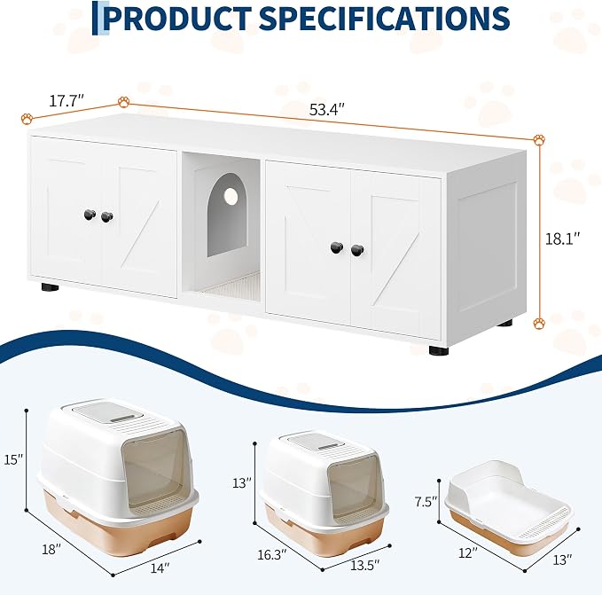White Double Compartment Cat Litter Box Enclosure, Hidden Litter Box Furniture Cabinet for 2 Cats, Indoor Privacy Cat House, Stylish Pet Storage Cabinet