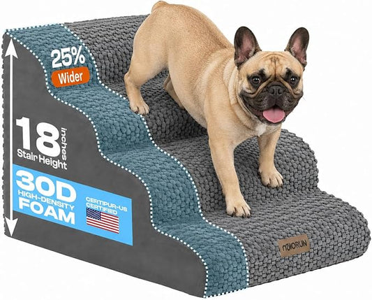 Extra Wide 4-Step Dog Stairs for Bed & Couch 18" H, More Stable Non-Slip Pet Steps with Balanced Foam Structure and Gentle Slopes, Stylish Indoor Dog Steps for Small & Medium Dogs, Gray