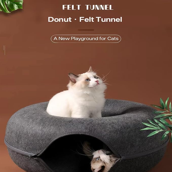 Cat Donut Tunnel Bed for Indoor Cats - Peekaboo Cat Cave, Detachable Felt, Washable, Interactive Play & Cozy Rest Space for Multiple Cats (Dark Gray)