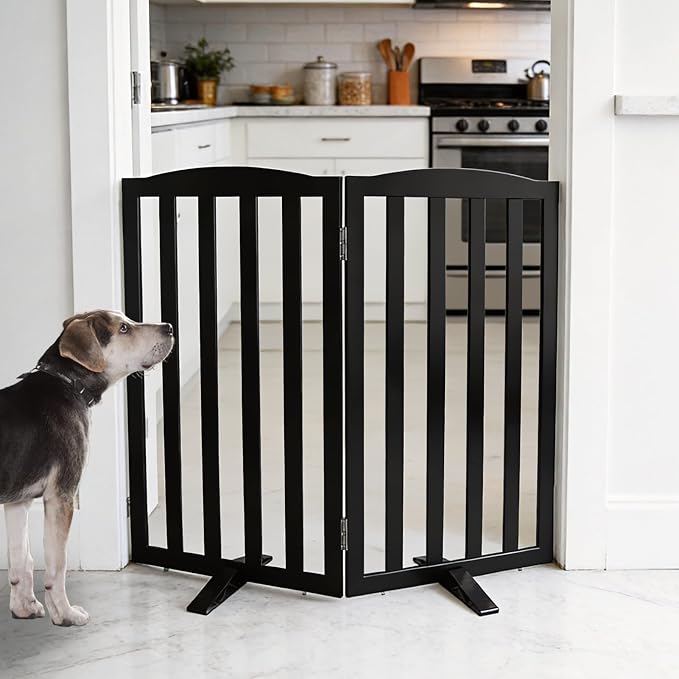 ZJSF Foldable Freestanding Indoor Dog Gate for House Wood Long Pet Gates Dog Fence for Stairs Puppy Gates for Hallways, Puppy Gate,Support Feet Included, Black, 32 "Height-2 Panels