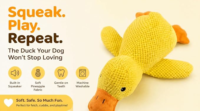 Paw-FECT Piece Plush Calming Duck Dog Toy, with Quacking Sound, Emotional Support Soft Chew Toy, Great for All Breed of Dogs