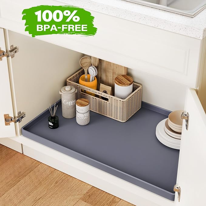 FLATO Waterproof Under Sink Mat 28" x 19" Shelf Liner for Kitchen and Bathroom, Cabinet Protector, Organizers and Storage, Flexible Silicone Drip Tray