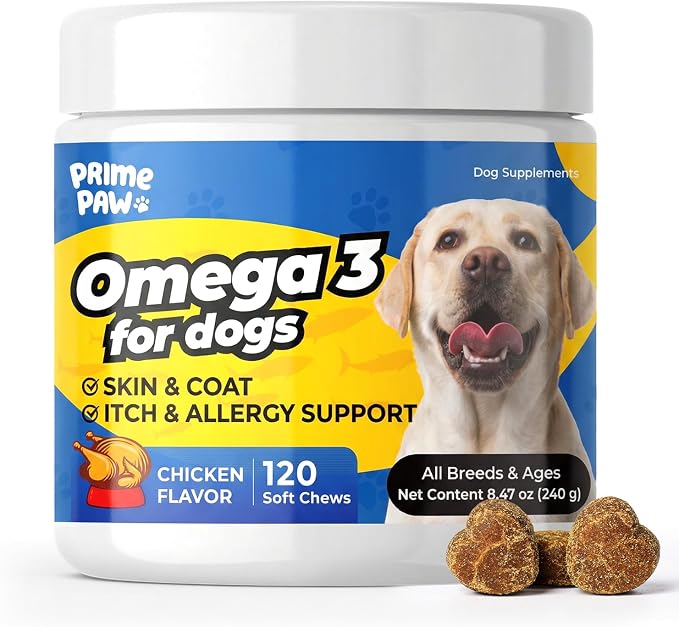 Omega-3 Skin & Coat Soft Chews for Dogs -120 Count, 2-Month Supply -Salmon Oil + Krill + Flaxseed with Turmeric & Green Tea -Itch Relief, Shedding Control & Healthy Coat for All Breeds