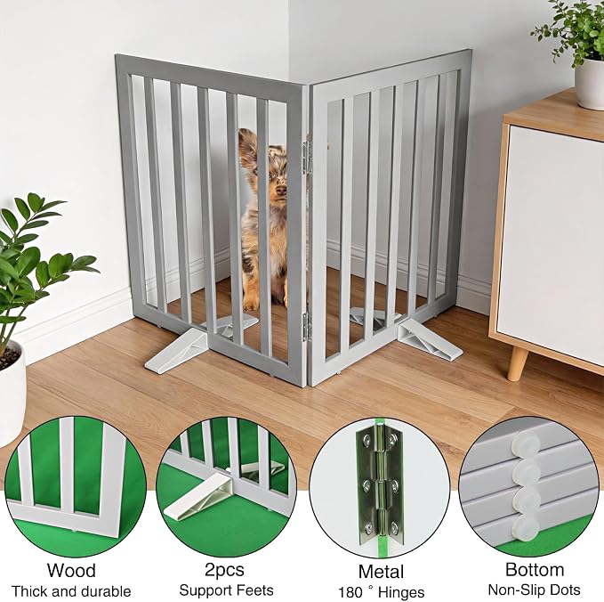 Dog Gate Indoor, Freestanding Dog Fence for The House, Doorways, Hallways,or Stairs,Pet Gate Foldable Wooden,Expandable 32" Height 2 Panels,Grey