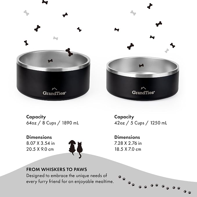 GrandTies Stainless Steel Dog Bowl | Engraved Reusable BPA-Free Insulated Cat & Dog Bowls | Large Heavy Duty Non Skid Spill Proof Bowl | Outdoor Dog Water Bowl (64oz, Midnight Black)