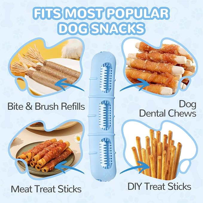Bite and Brush Puppy Rubber Chew Toy for Teething, Chew Toys for Dogs with Bristles, Stuffable Rubber Teether for Small Medium Dogs, BPA-Free, Teeth Cleaning & Teething Relief, Keeps Puppy Busy (Blue)