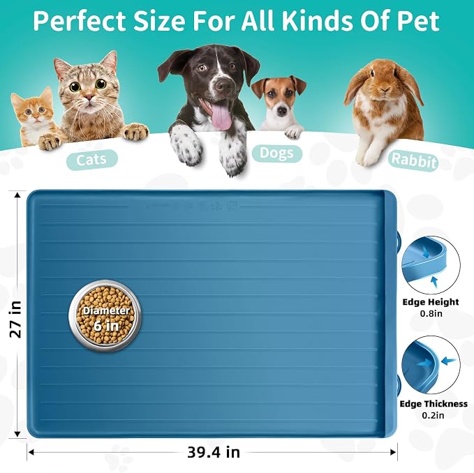 Dog Mat for Food and Water - 39.4" x 27" Large Pet Feeding Mats with Residue Collection Pocket - Waterproof Dog Cat Bowl Mat with High Edges to Prevent Water and Food Spills (Navy)