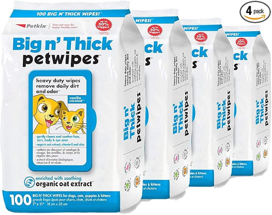 Petkin Pet Wipes for Dogs and Cats, 400 Wipes - Large Pet Wipes for Dogs and Cats - Cleans Ears, Face, Butt, Body and Eye Area - Convenient, Ideal for Home or Travel - 4 Packs of 100 Wipes