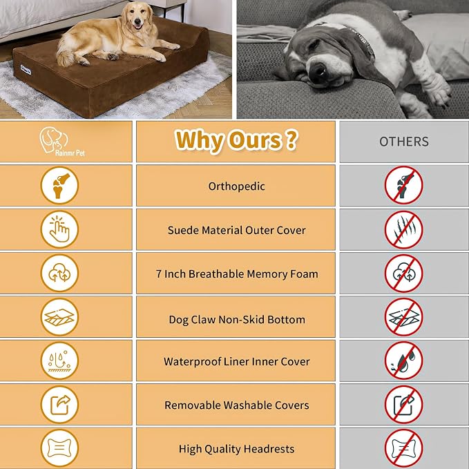 Rainmr Orthopedic Dog Beds for Large Dogs, 7" Memory Foam Dog Beds with Waterproof Liner, Durable Microsuede Cover, Removable and Washable, Nonskid Bottom, 52"x36"x7" XL Chocolate