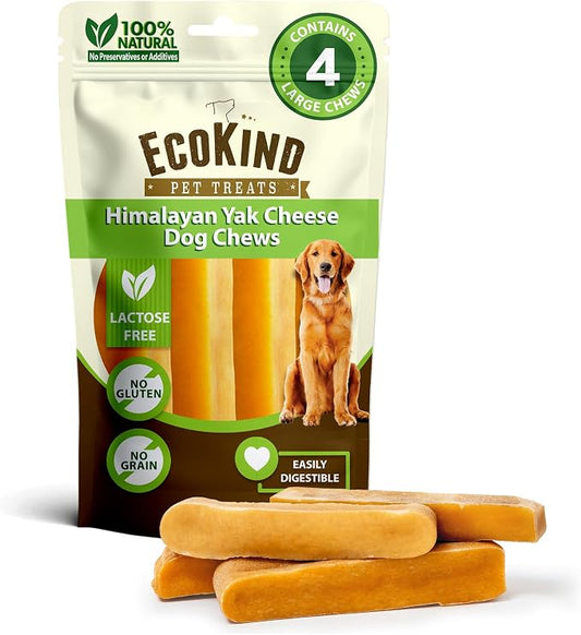 EcoKind Yak Cheese Himalayan Dog Chews, Yak Chews for Large Dogs, Long Lasting Bone for Aggressive Chewers, Only 3 Ingredients, Natural High Protein Treats, No Additives, Lactose Free, Large - 4 Chews