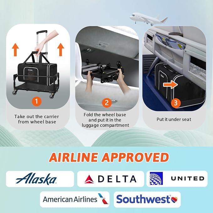 Petskd Small Pet Carrier with Wheels (17" L x 11" W x 9.5" H), Alaska Airlines Approved, Rolling Pet Carrier for Small Dogs & Cats (Black)