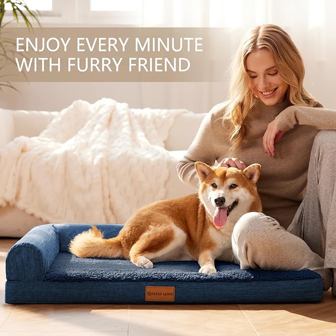 Patas Lague Orthopedic XL Dog Bed Large Sized Dog 42''X28'', Waterproof L Bolster Big Large Pet Sofa Beds with Removable Washable Cover, Soft Pet Couch Crate Mat with Nonskid Bottom, Navy Blue