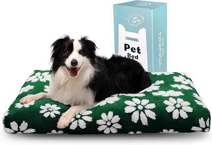 Dog Beds for Large Dogs, Cute Thick Dog Bed for Crate Kennel, Fluffy Pet Bed with Removable Washable Cover and Anti-Slip Bottom, 35"x 22", Green Flower