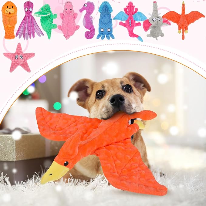 Sratte 10 Pcs Soft Dog Squeaky Toys No Stuffing Crinkle Dog Toy for Aggressive Chewers Durable Plush Teething Puppy Squeak Animals Chew for Small Medium Large Pets, 10 Styles(Assorted Style)
