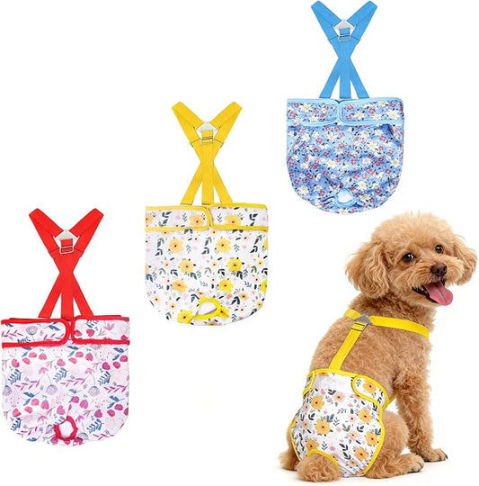 Female Dog Diapers 3 Pack Washable Dog Diapers Female Dog Diaper that Stay on Dog Diaper Female with Suspenders Reusable Doggie Diapers for Heat, Incontinence and Puppy Training (Small)
