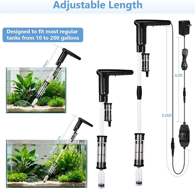 AQQA Upgraded DC 18W Electric Aquarium Vacuum Gravel Cleaner, Anti-Clog Pre-Filter Design, 7-in-1 Multifunctional Fish Tank Cleaning Kit for Dirt Removal, Water Change, Sand Washing, Turtle Shower