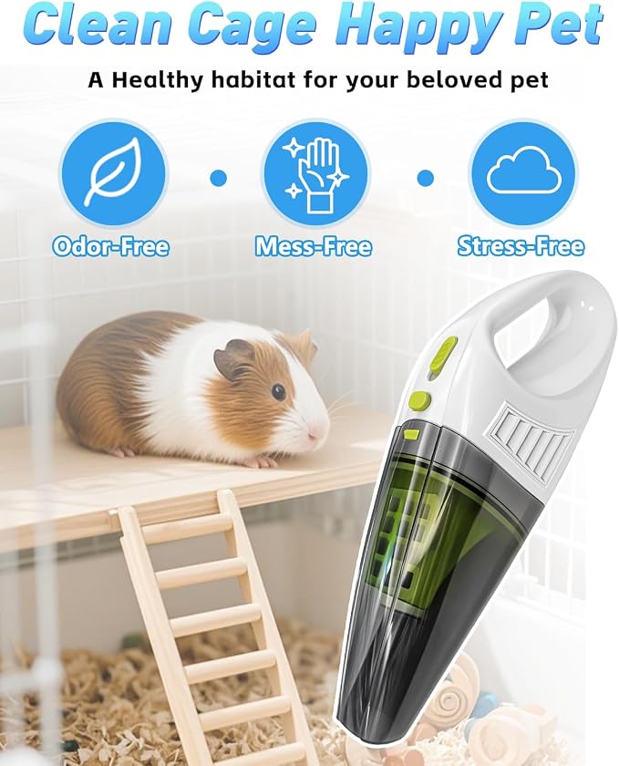 Guinea Pig & Rabbit Vacuum Cleaner Poop: Extended Capacity Cordless Cleaner for Pet Cages – Tackle Daily Messes of Guinea Pig, Bunny, Bird, Reptile & Other Small Animals - White
