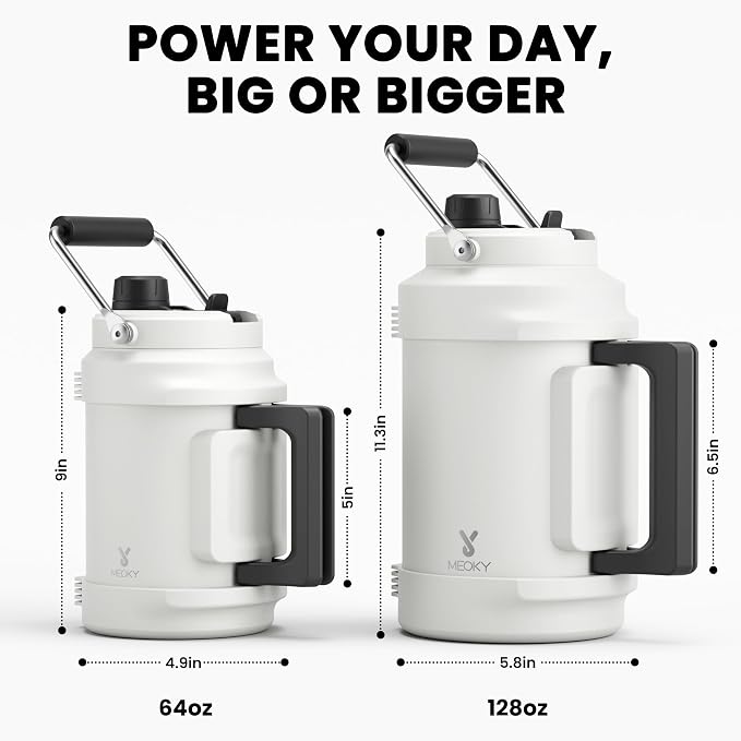 64 oz Insulated Water Bottle for Gym: Meoky Triple Wall Vacuum Stainless Steel Half Gallon Water Jug - Top and Side Handles, 2-in-1 Straw and Spout Lid, Cold for 36 Hrs, Leak Proof for Camping (Ivory)