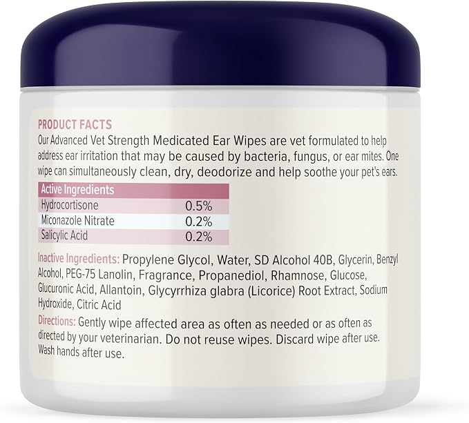 Vetnique Oticbliss Medicated Dog Ear Wipes, Dog & Cat Ear Cleaner Yeast, & Ear Infection Treatment with Hydrocortisone, Antibacterial & Antifungal for Itchy Ears (Medicated Ear Wipes)