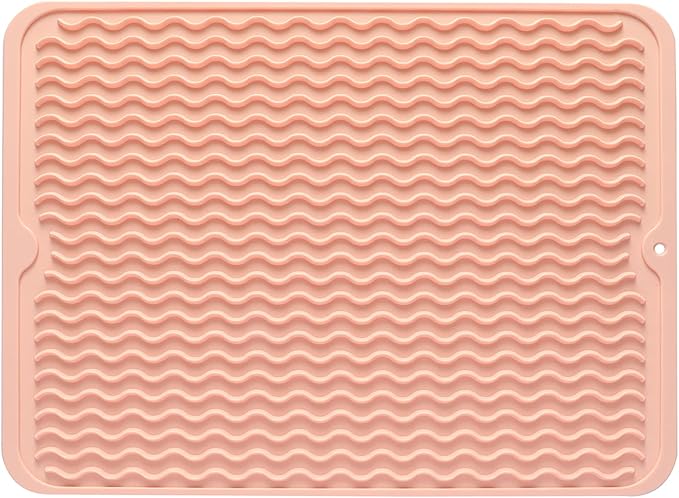 MicoYang Silicone Dish Drying Mat — Quick-Dry Ridges Counter & Sink Pad, Heat-Resistant Trivet to 450°F, Non-Slip & Dishwasher Safe, Roll-Up Storage, 18 Colors & 9 Sizes (Pink, 16"×12")