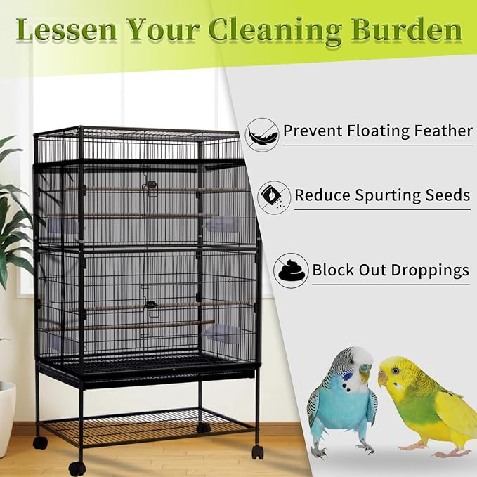 Daoeny 2PCS Bird Cage Seed Catcher, Large Bird Cage Cover, Adjustable Soft Airy Nylon Mesh, Birdcage Cover Skirt Seed Guard for Parrot Parakeet Macaw Round Square Cages (Black & Black)