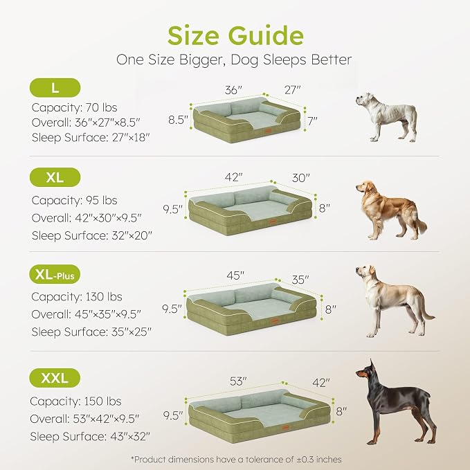 CWAWZ Dog Beds for Large Dogs, Orthopedic Dog Bed with Cooling Gel Memory Foam, Waterproof Large Pet Bed with Removable Washable Cover, 36" Pet Sofa Couch Dutch Velvet with Bone Toy, Dark Green