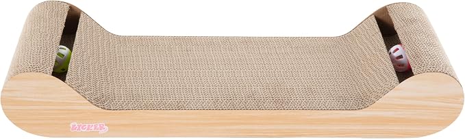 Rini 23.75" Modern Cardboard Cat Scratcher Lounge Bed with Built-in Bell Toys and Catnip, Ergonomic Curved Sofa Design, Oak Wood Finish CSR1003C