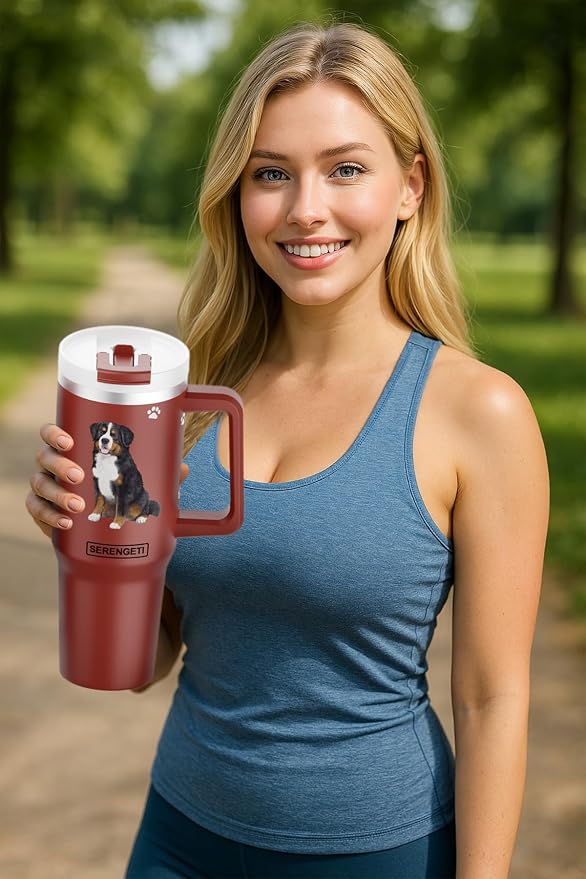 SERENGETI 40 Oz Ultimate Tumbler with Handle and Straw - Vacuum Insulated Tumbler with Straw and Lid - Stainless Steel Travel Mug for Pet Lovers - 3D Designs of your favorite Dog (Bernese Mt. Dog)