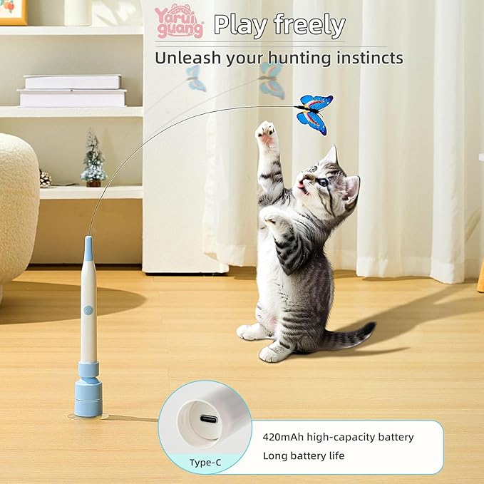 Electric Butterfly Cat Wand for Indoor Cats, 360 Spinning Self-Play with 2 Modes & Tap-to-Awake, Rechargeable Cleanable Suction Base, 3 Butterfly Refills, Interactive Cat Toy (A-Blue)