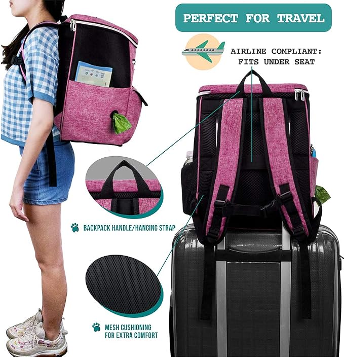 PetAmi Dog Travel Bag Backpack, 27L Airline Approved Pet Supplies Organizer with 2 Food Containers, 2 Collapsible Bowls & Poop Bag Dispenser, Weekend Road Trip Camping Dog Mom Gift, Pink