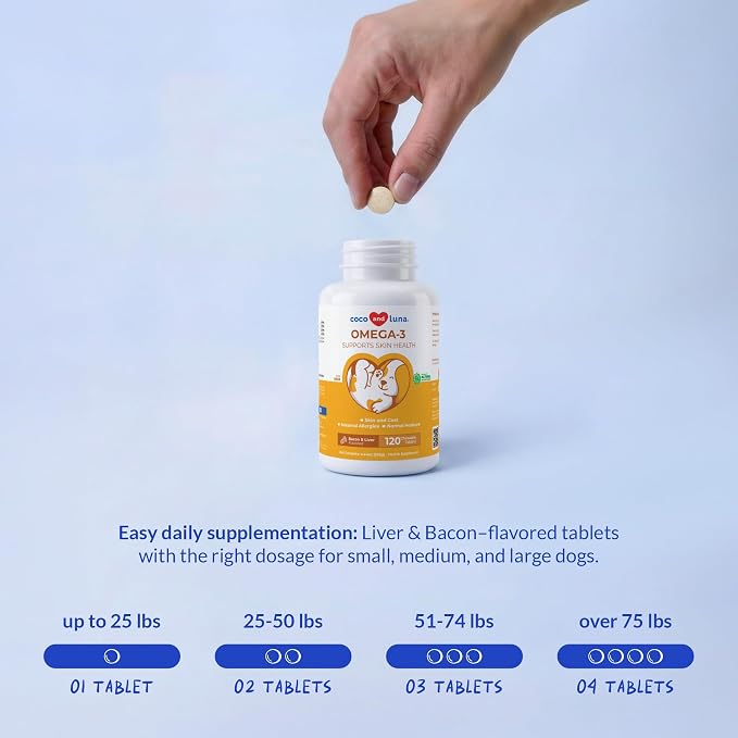 Omega 3 Fish Oil for Dogs 120 Tablets - Skin, Coat & Joint Support | Omega 3, 6 & 9 with Vitamin E. Supports skin & coat health, reduces shedding & dry skin. Promotes joint & heart function.