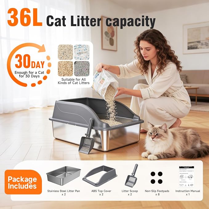 2Pack Stainless Steel Litter Box XL, Dark Grey, 2 Scoops Included | Easy Cleaning Anti-Scratch Anti-Urine Leakage Non-Sticky