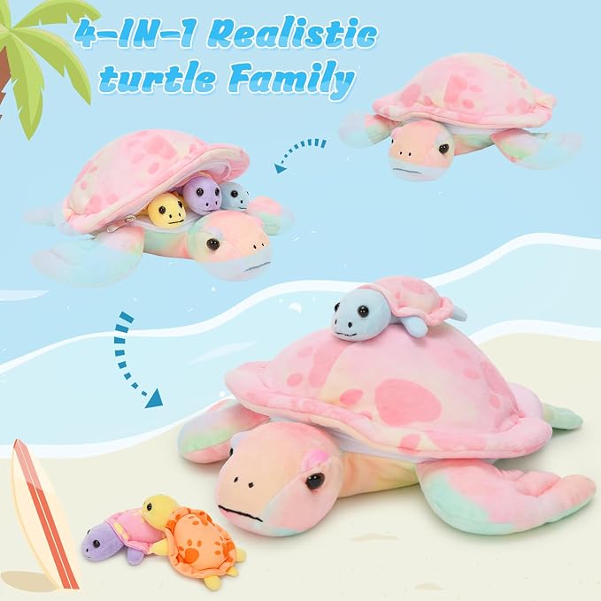 Muiteiur Turtle Stuffed Animals 4 Packs, Sea Turtle Plush Toy Set - Soft Mommy Stuffed Animal Turtle with 3 Babies, Cute Toys for Kids & Toddlers (Pink)