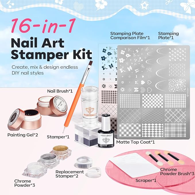 Modelones 16PCS Plaid Nail Stamping Kit – French Tip Stamper White Black Painting Gel Polish Chrome Powder Proof Matte Gel Top Coat Gingham Template Dual Nail Art Brush Summer Manicure Gift for Women